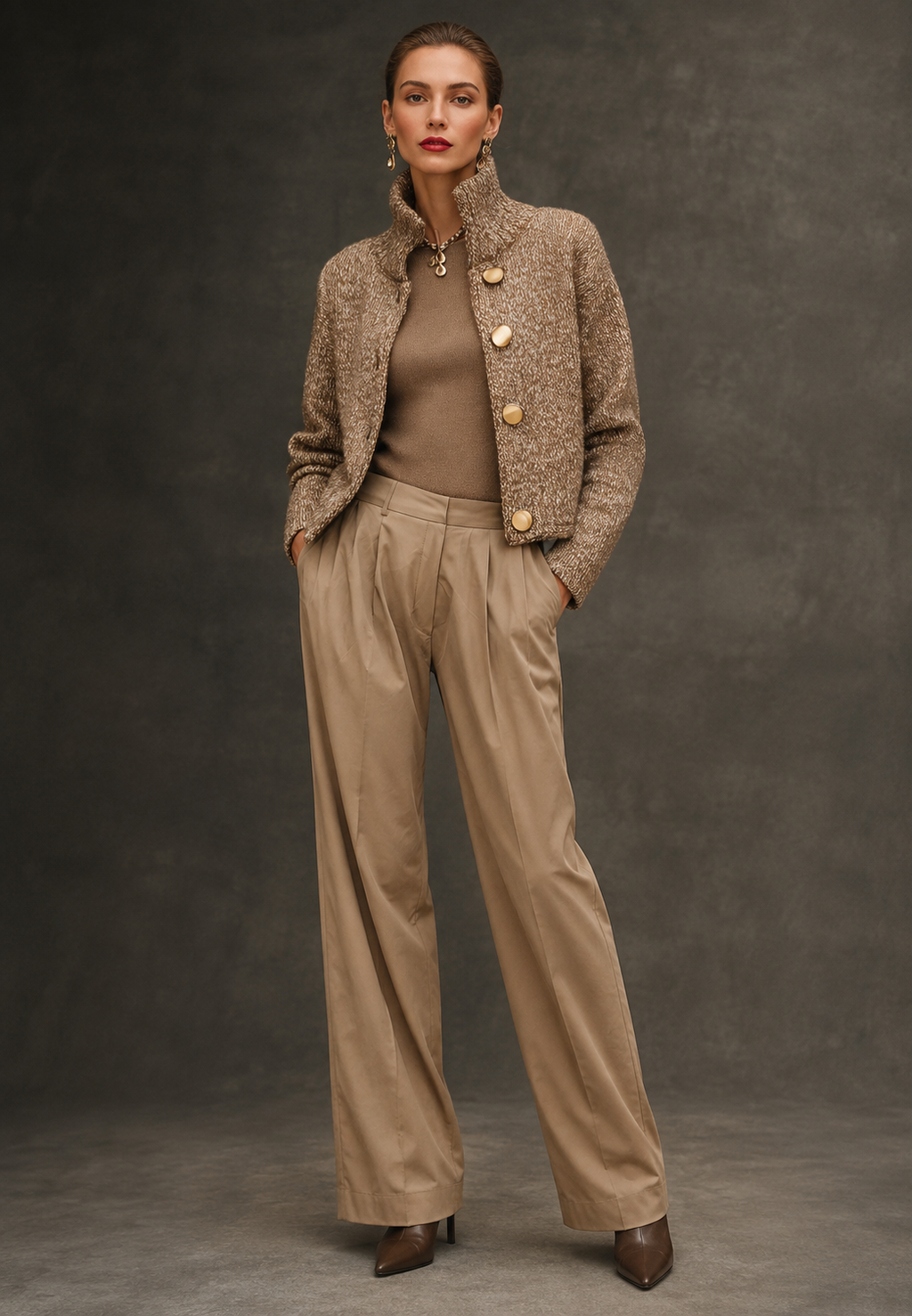 Women's beige textured knit cardigan with high collar and large buttons