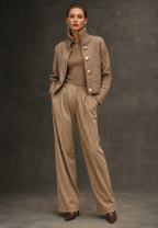 Women's beige textured knit cardigan with high collar and large buttons