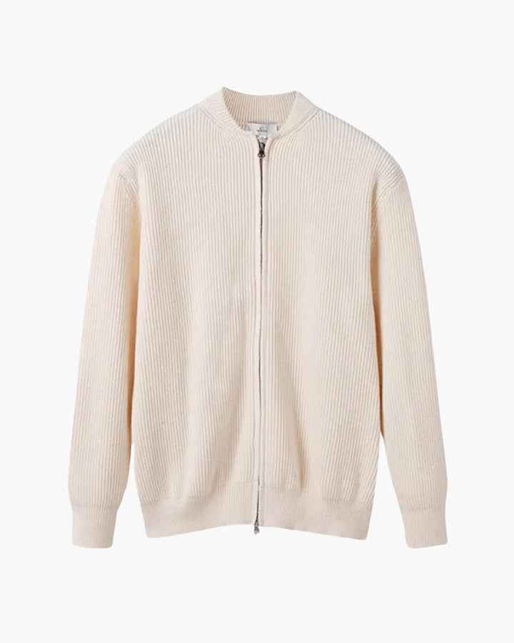 Men's ribbed knit zip cardigan with stand collar and long sleeves