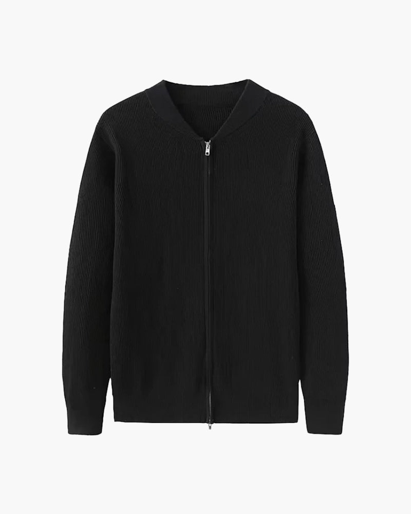 Men's ribbed knit zip cardigan with stand collar and long sleeves