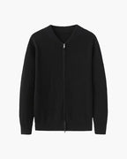 Men's ribbed knit zip cardigan with stand collar and long sleeves