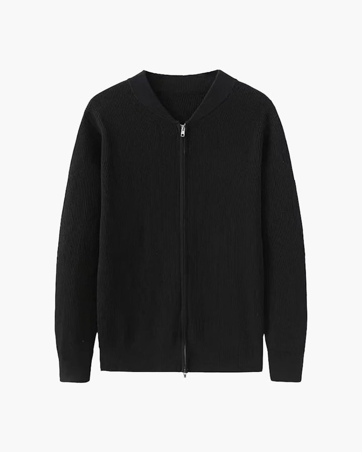 Men's ribbed knit zip cardigan with stand collar and long sleeves