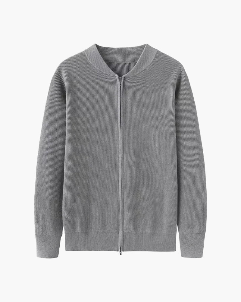 Men's ribbed knit zip cardigan with stand collar and long sleeves