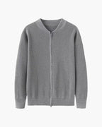 Men's ribbed knit zip cardigan with stand collar and long sleeves