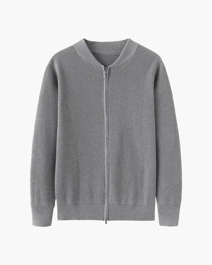 Men's ribbed knit zip cardigan with stand collar and long sleeves