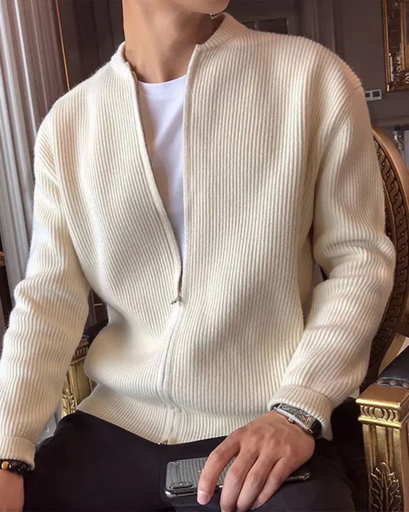 Men's ribbed knit zip cardigan with stand collar and long sleeves