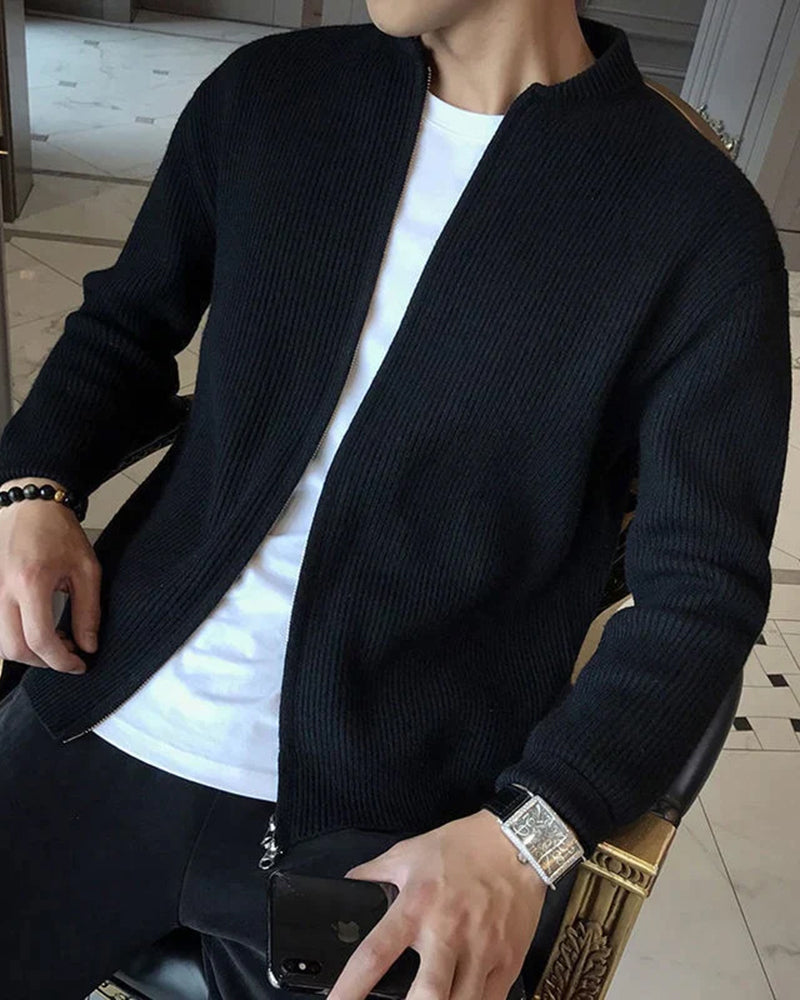 Men's ribbed knit zip cardigan with stand collar and long sleeves