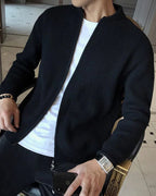Men's ribbed knit zip cardigan with stand collar and long sleeves