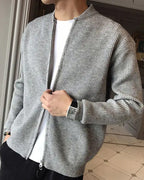Men's ribbed knit zip cardigan with stand collar and long sleeves