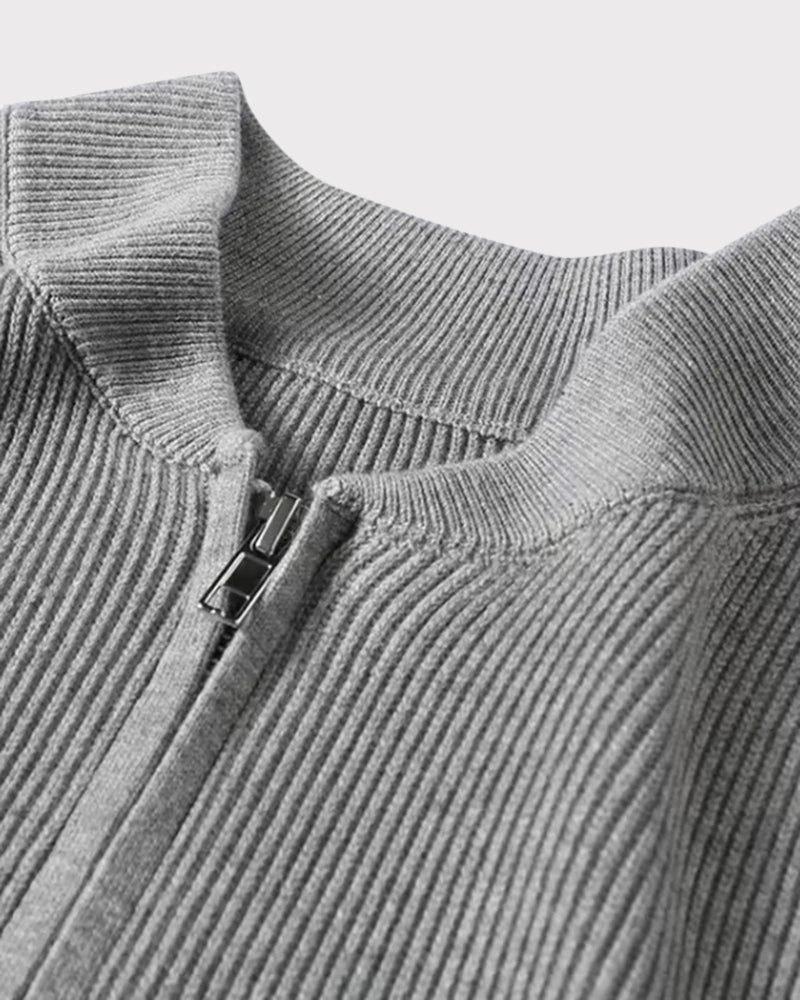 Men's ribbed knit zip cardigan with stand collar and long sleeves