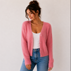 Women's fuzzy V-neck cardigan with button front and long sleeves