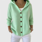 Women's hooded cardigan with front buttons, long sleeves and ribbed trim