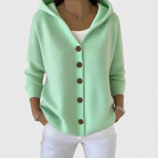 Women's hooded cardigan with front buttons, long sleeves and ribbed trim