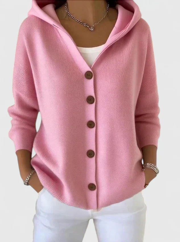 Women's hooded cardigan with front buttons, long sleeves and ribbed trim