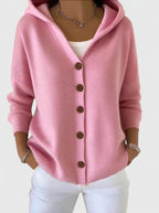 Women's hooded cardigan with front buttons, long sleeves and ribbed trim