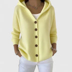 Women's hooded cardigan with front buttons, long sleeves and ribbed trim