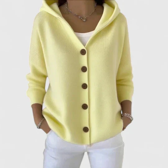 Women's hooded cardigan with front buttons, long sleeves and ribbed trim