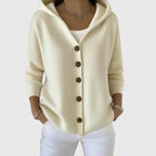Women's hooded cardigan with front buttons, long sleeves and ribbed trim