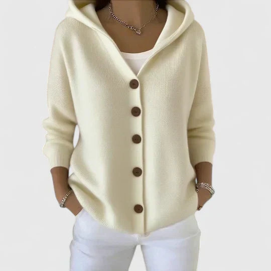 Women's hooded cardigan with front buttons, long sleeves and ribbed trim