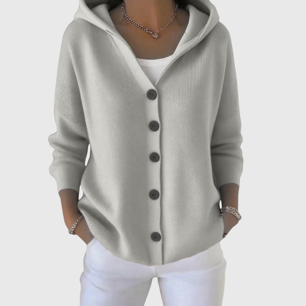 Women's hooded cardigan with front buttons, long sleeves and ribbed trim