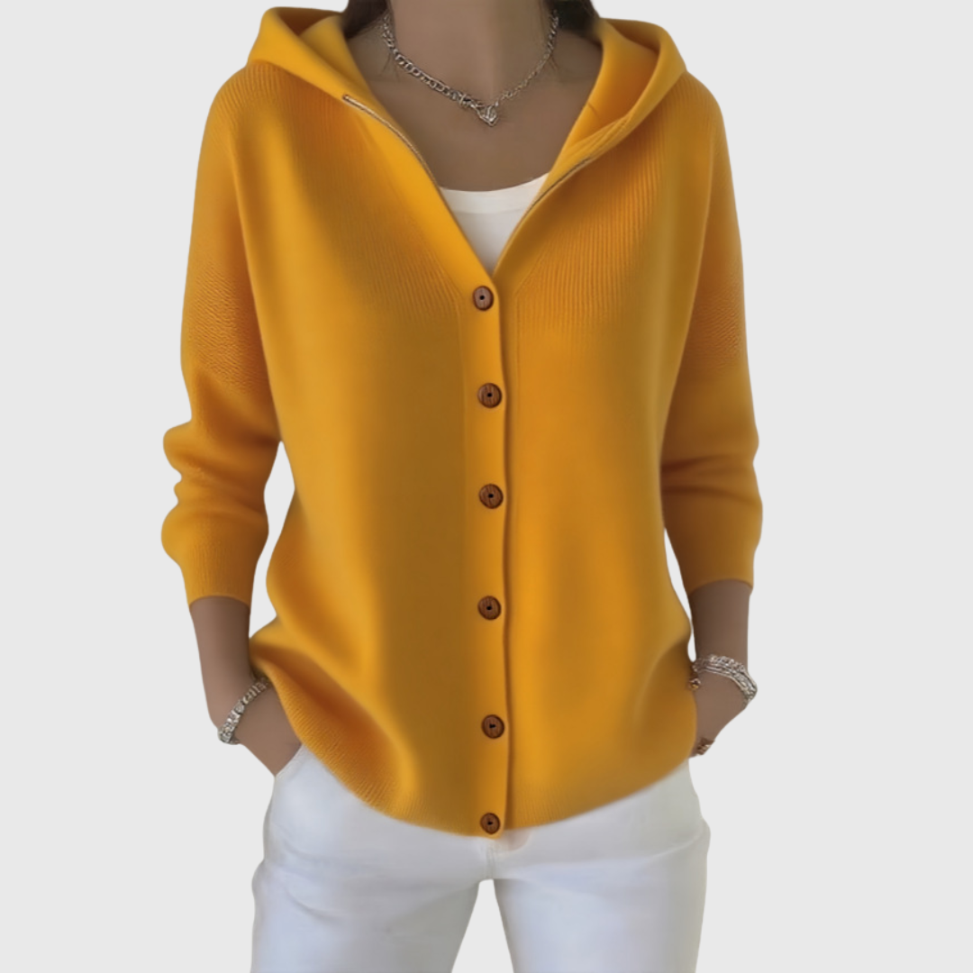 Women's hooded cardigan with front buttons, long sleeves and ribbed trim