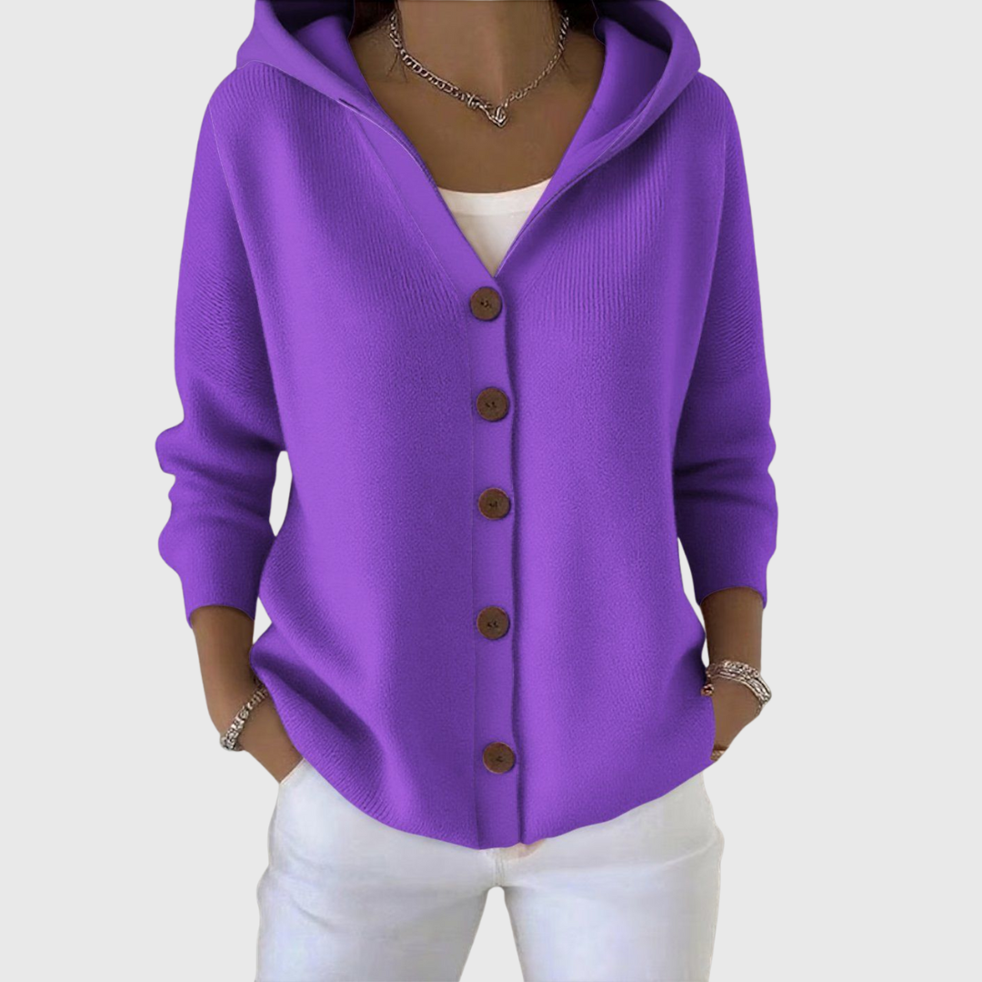 Women's hooded cardigan with front buttons, long sleeves and ribbed trim
