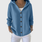 Women's hooded cardigan with front buttons, long sleeves and ribbed trim