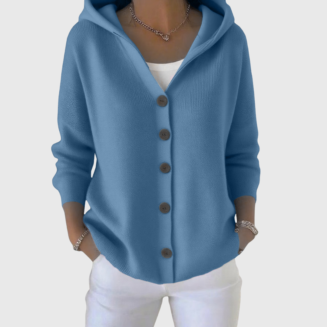 Women's hooded cardigan with front buttons, long sleeves and ribbed trim