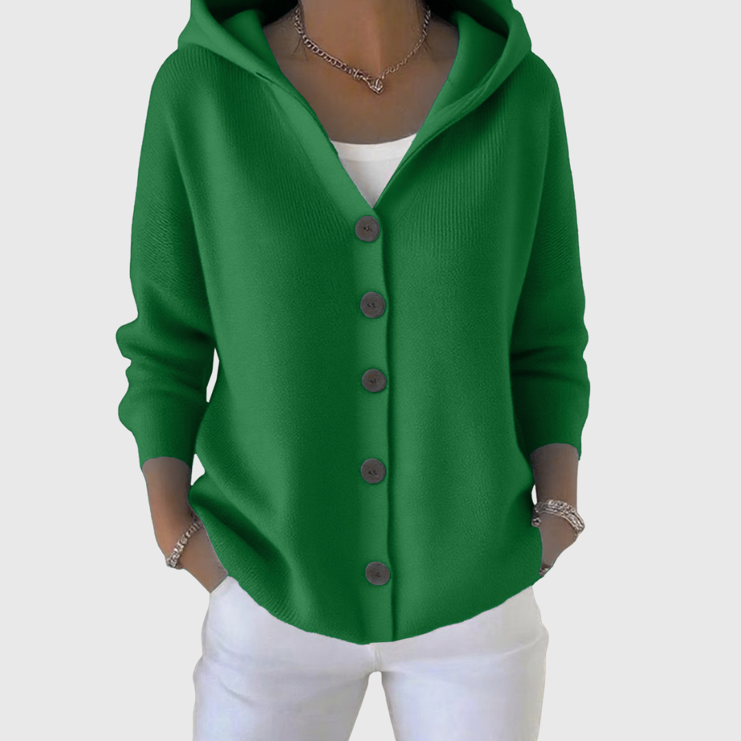 Women's hooded cardigan with front buttons, long sleeves and ribbed trim