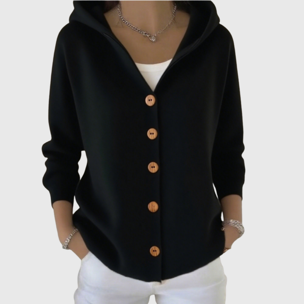 Women's hooded cardigan with front buttons, long sleeves and ribbed trim