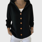 Women's hooded cardigan with front buttons, long sleeves and ribbed trim