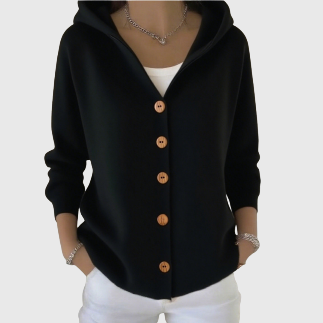 Women's hooded cardigan with front buttons, long sleeves and ribbed trim