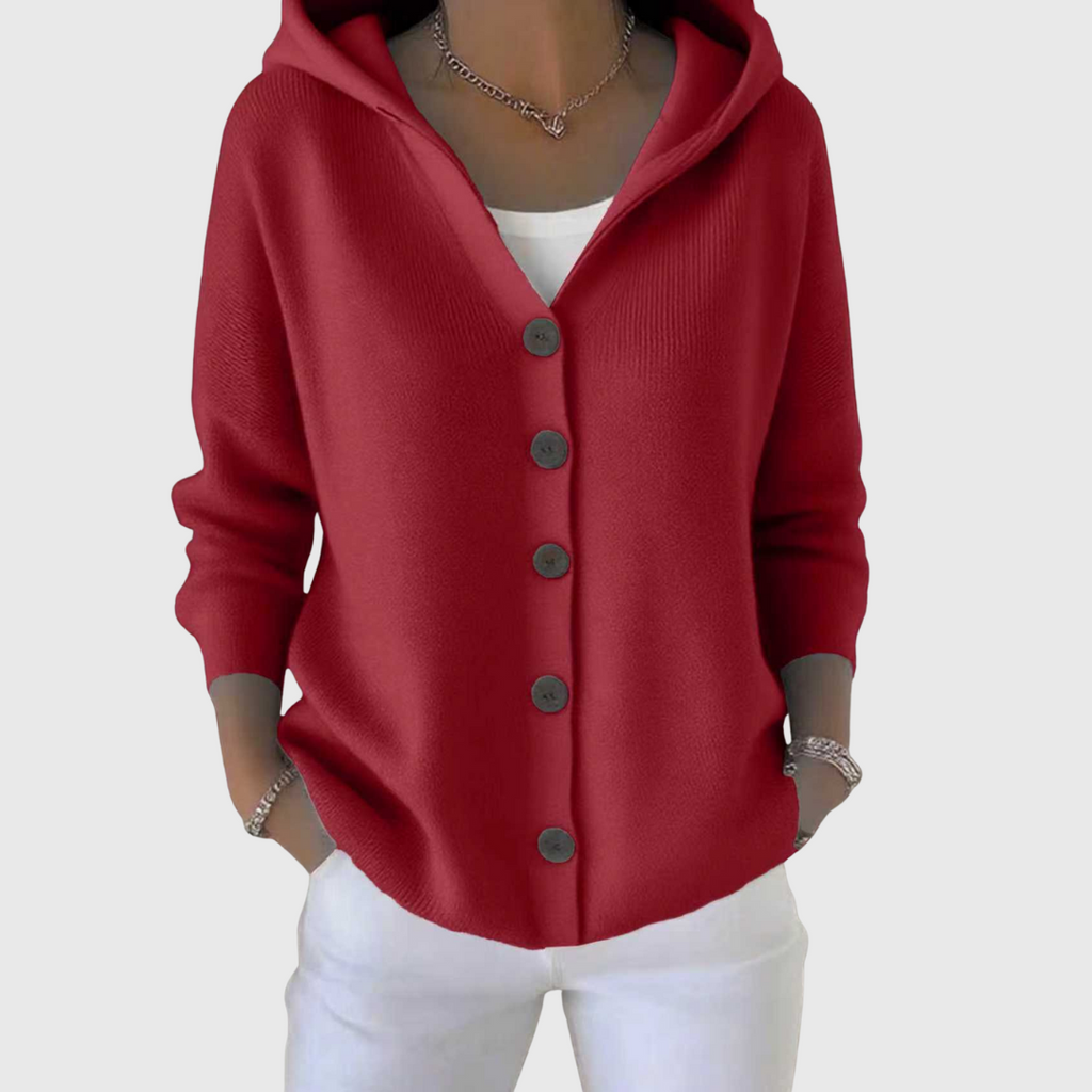 Women's hooded cardigan with front buttons, long sleeves and ribbed trim