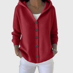 Women's hooded cardigan with front buttons, long sleeves and ribbed trim