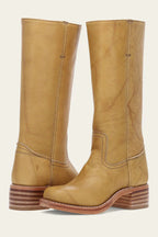 Women's mid-calf pull-on boots with rounded toes, block heels and stitched panel detailing