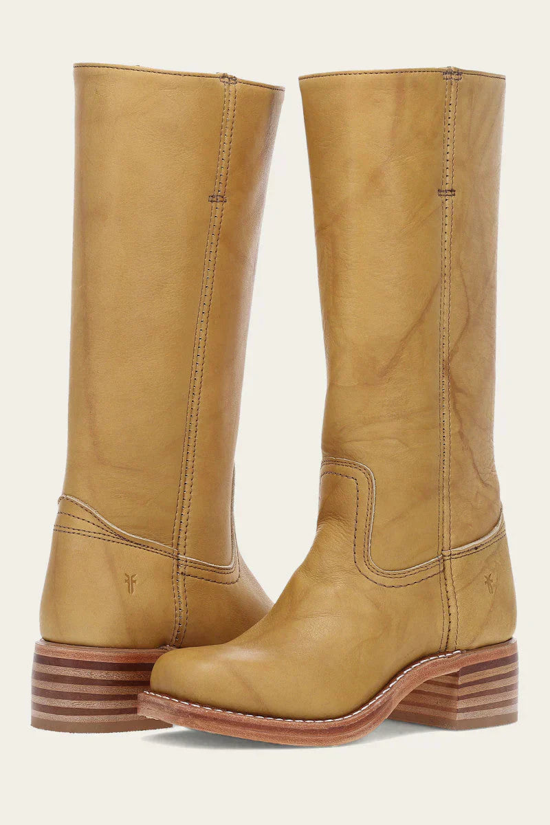Women's mid-calf pull-on boots with rounded toes, block heels and stitched panel detailing