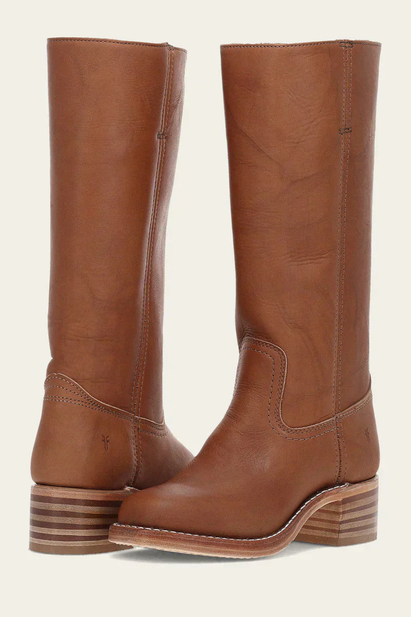 Women's mid-calf pull-on boots with rounded toes, block heels and stitched panel detailing