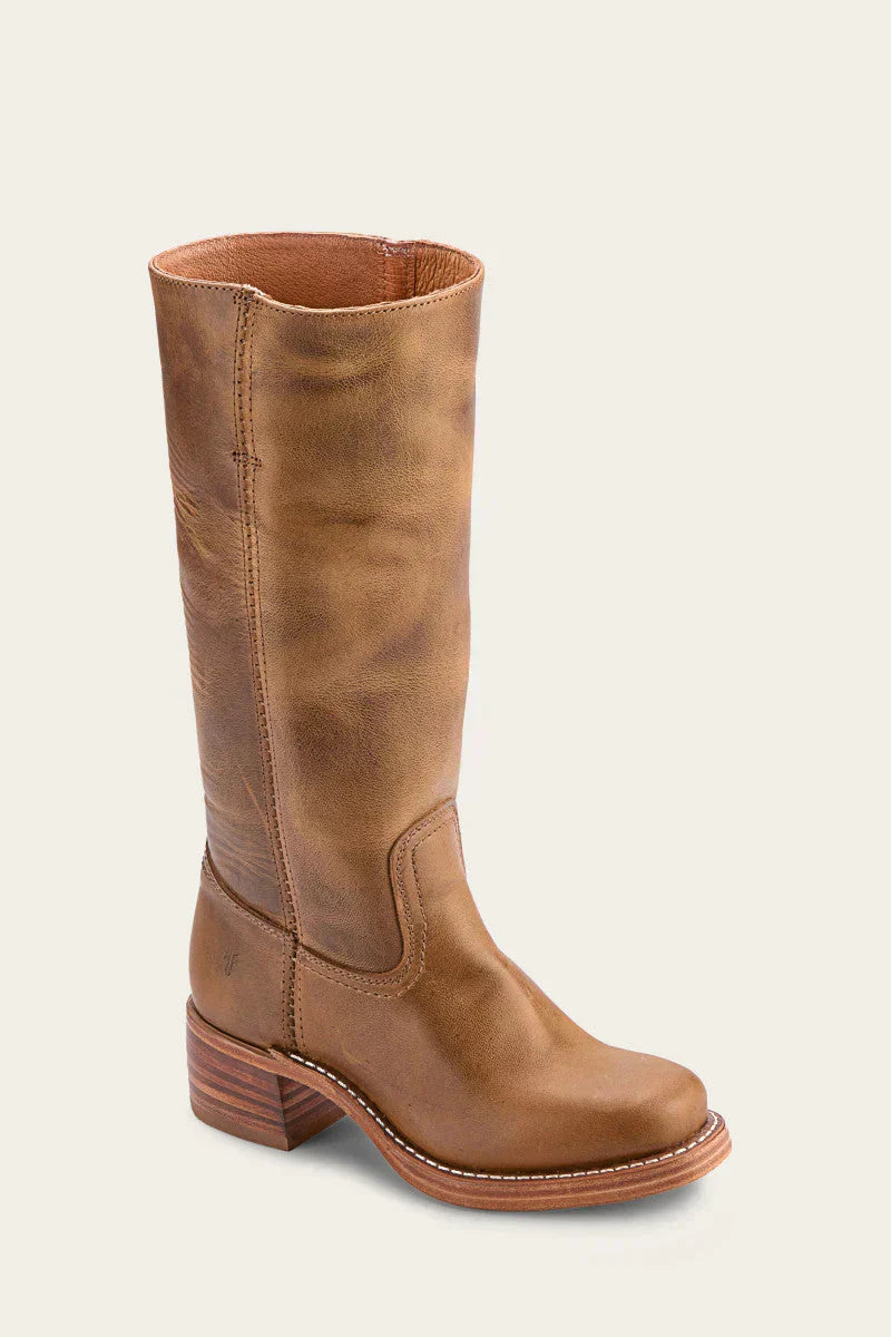 Women's mid-calf pull-on boots with rounded toes, block heels and stitched panel detailing