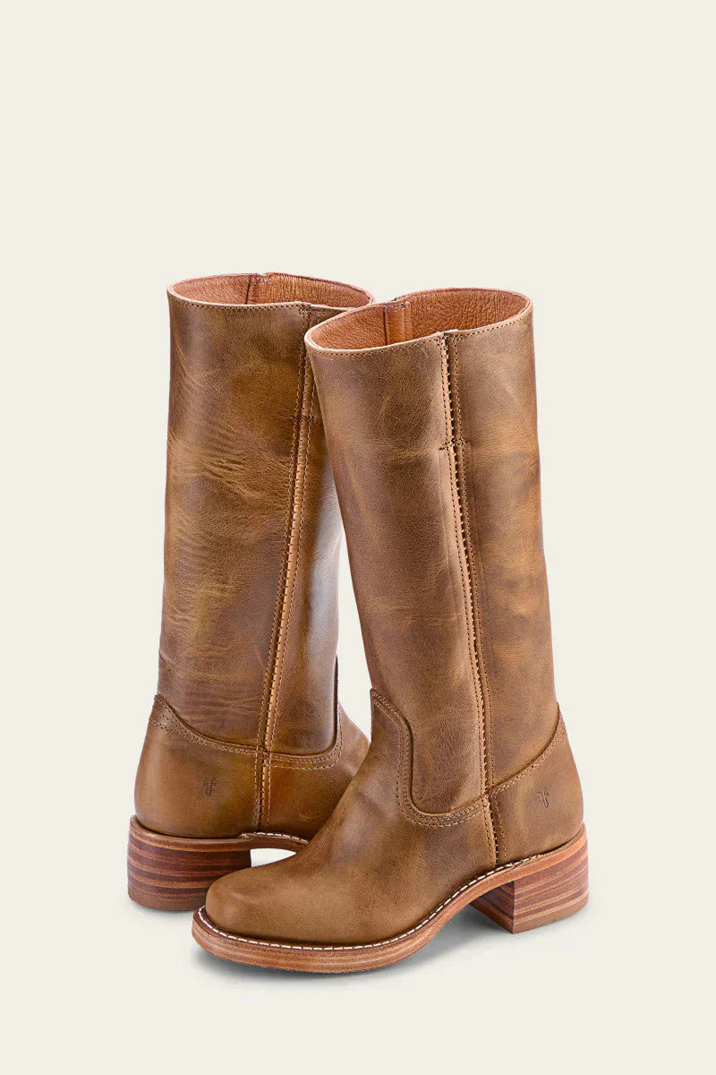 Women's mid-calf pull-on boots with rounded toes, block heels and stitched panel detailing