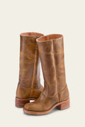 Women's mid-calf pull-on boots with rounded toes, block heels and stitched panel detailing