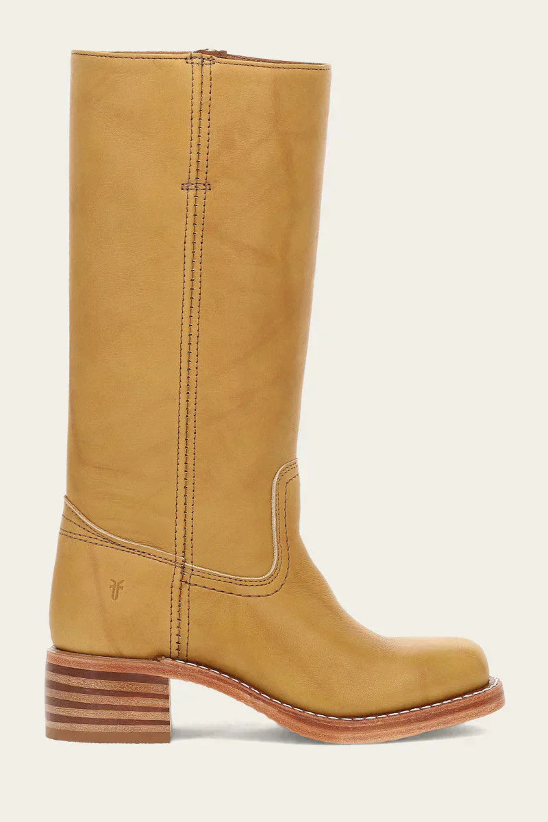 Women's mid-calf pull-on boots with rounded toes, block heels and stitched panel detailing