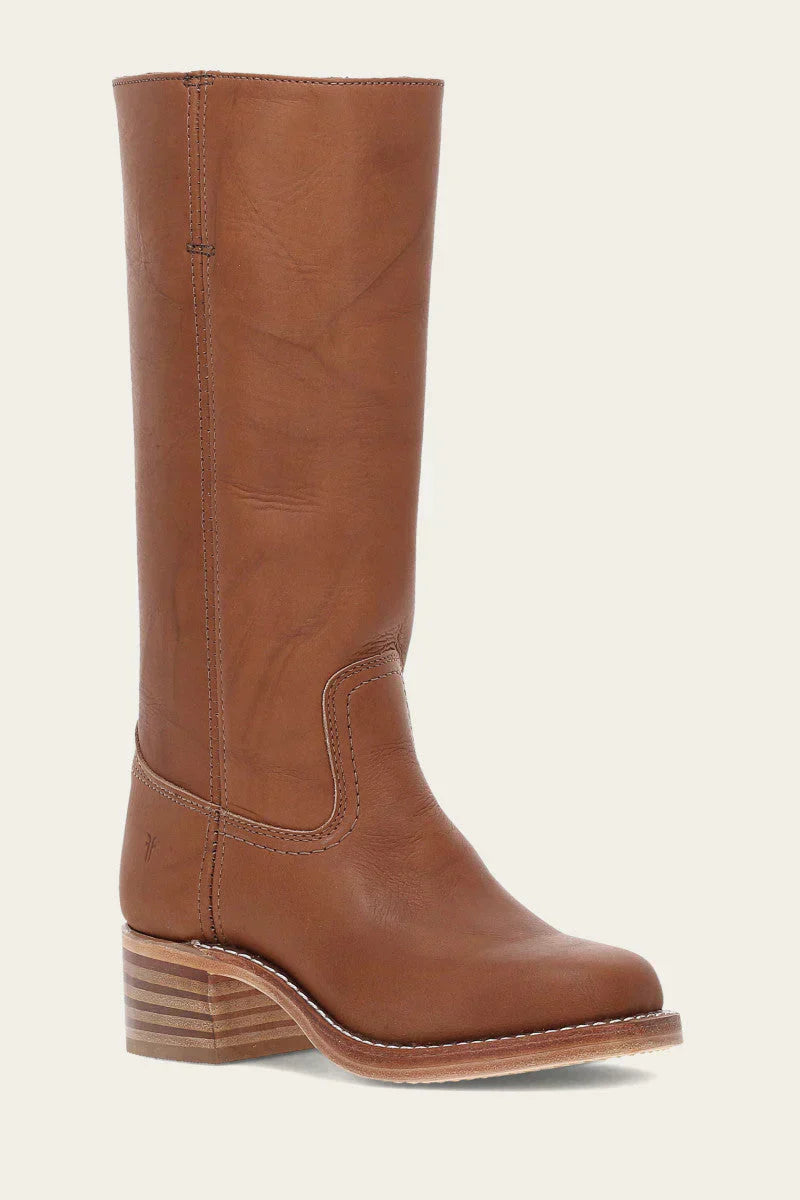 Women's mid-calf pull-on boots with rounded toes, block heels and stitched panel detailing