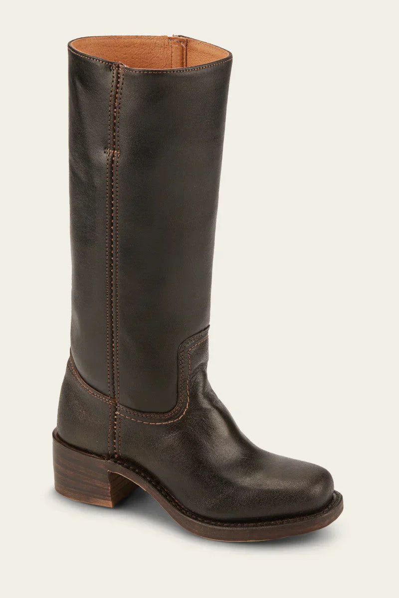 Women's mid-calf pull-on boots with rounded toes, block heels and stitched panel detailing