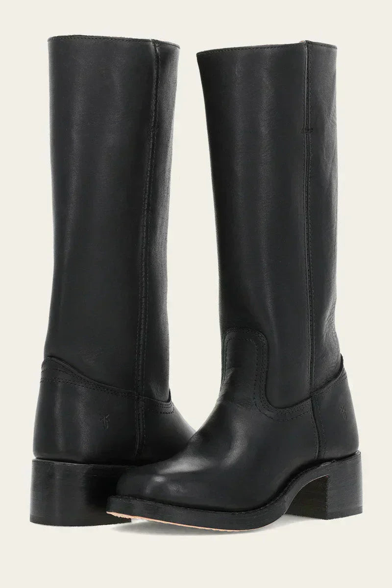 Women's mid-calf pull-on boots with rounded toes, block heels and stitched panel detailing