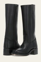 Women's mid-calf pull-on boots with rounded toes, block heels and stitched panel detailing