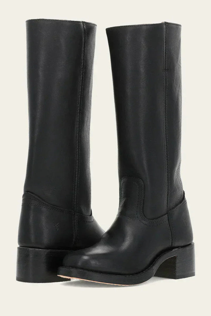 Women's mid-calf pull-on boots with rounded toes, block heels and stitched panel detailing