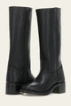Women's mid-calf pull-on boots with rounded toes, block heels and stitched panel detailing