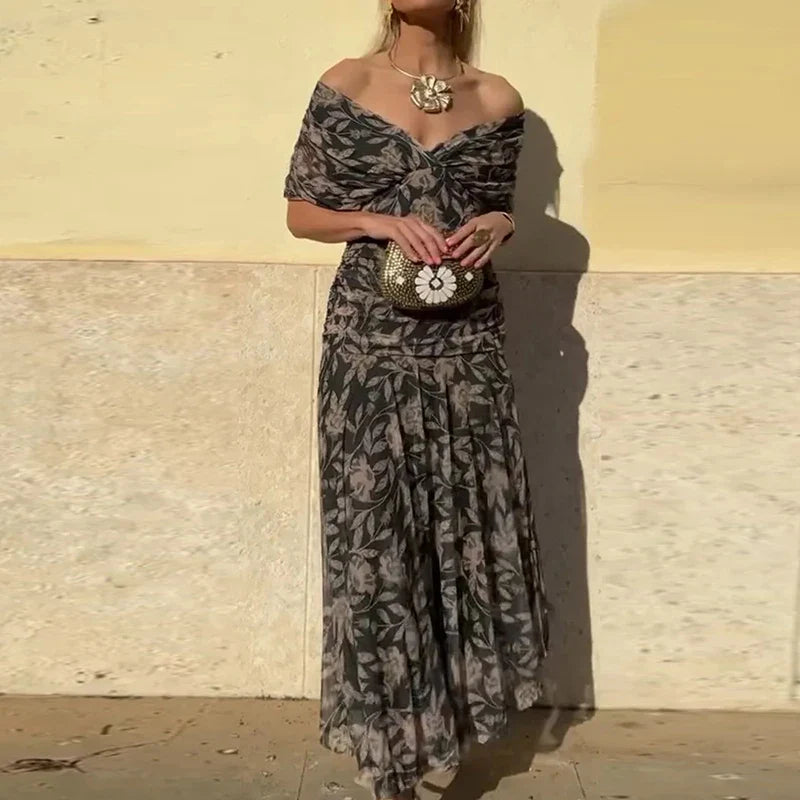 Women's floral wrap maxi dress with V-neckline and ruched waist