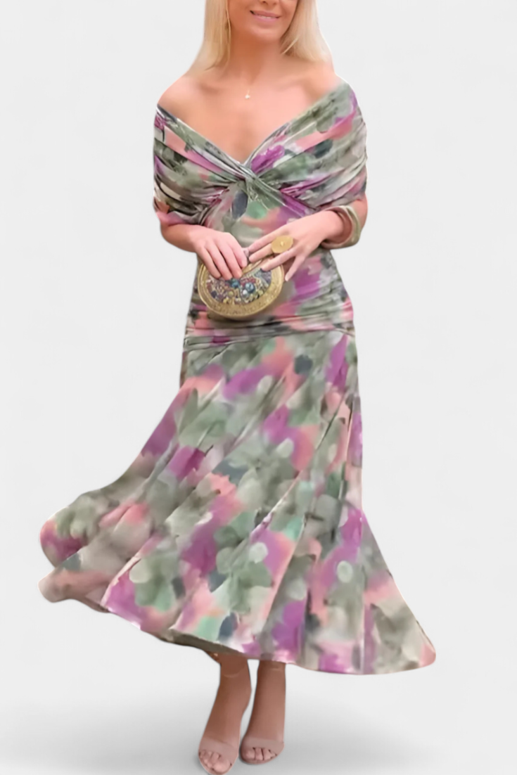 Women's floral wrap maxi dress with V-neckline and ruched waist