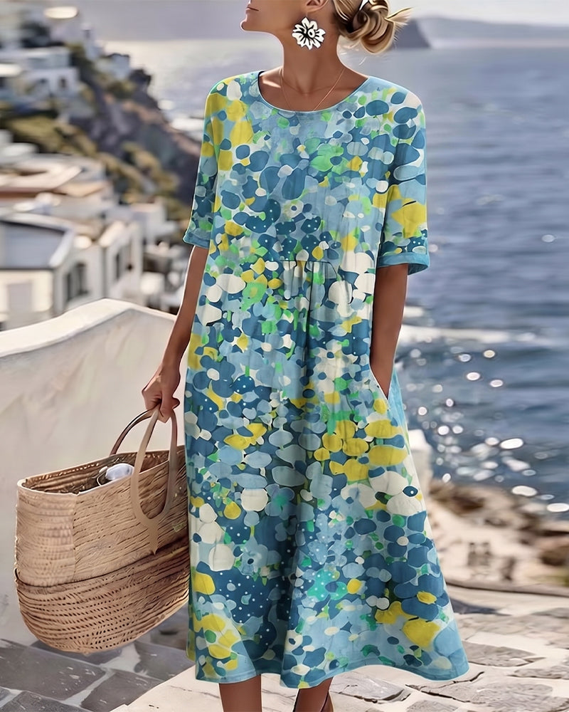 Women's multicolour floral print midi dress with round neck and 3/4 sleeves